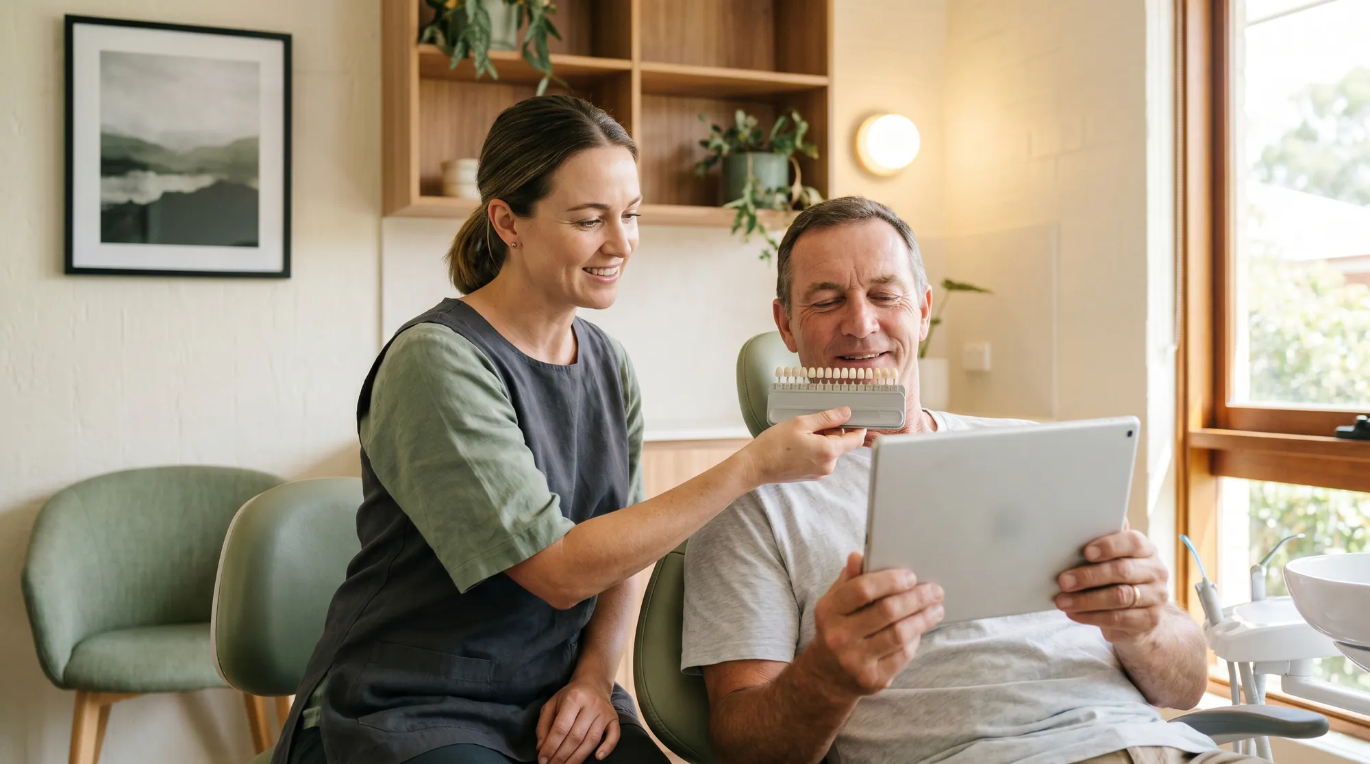 Dental consultation room for discussing crown options and fees